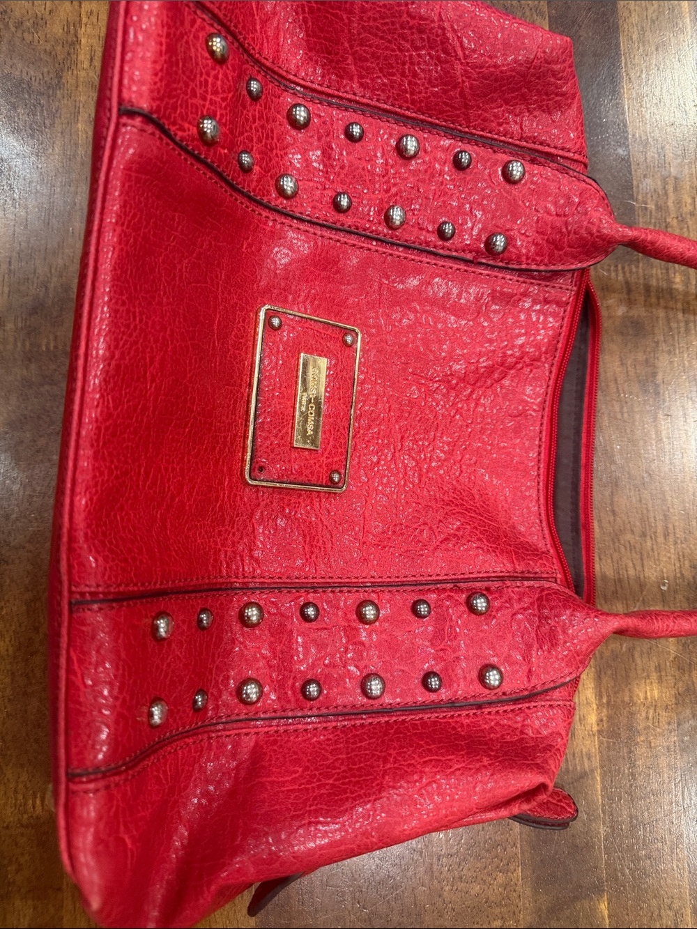 Red Studded Leather-Look Shoulder Bag